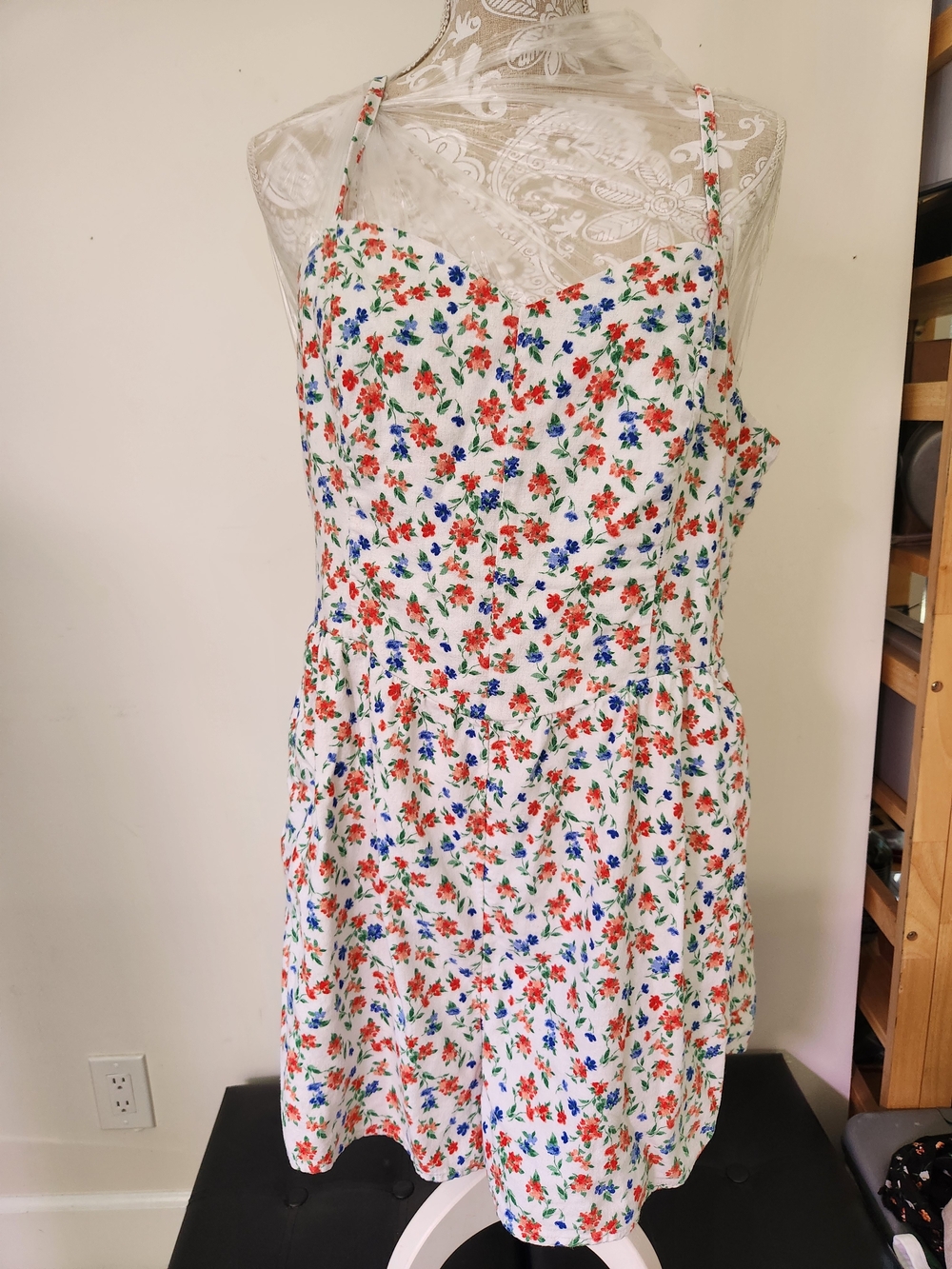 Old Navy White Floral Spaghetti-Strap Romper - Red & Blue Flowers